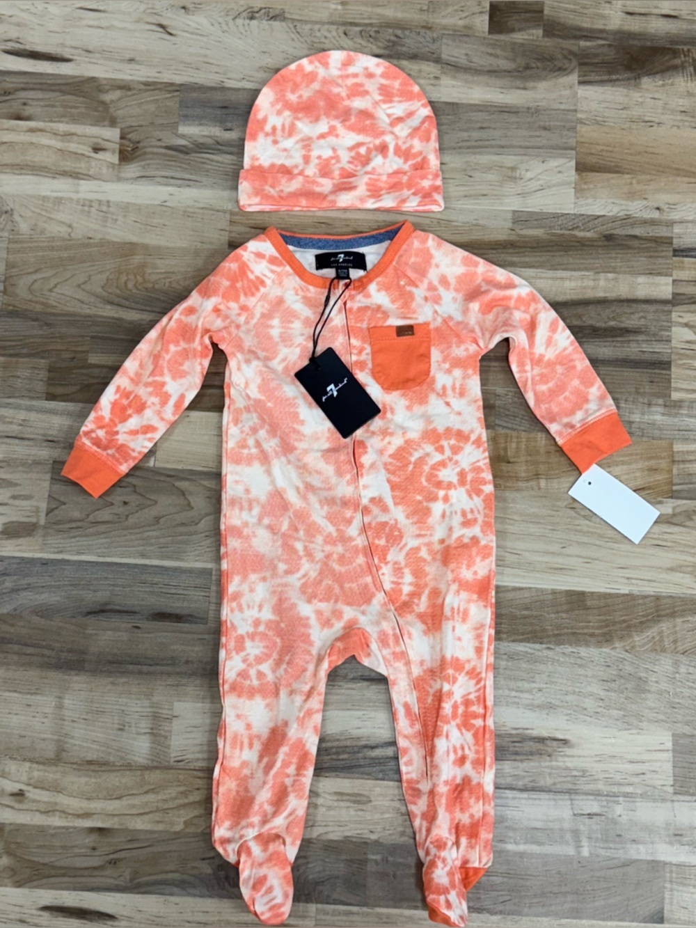 NWT 7 For All Mankind 1pc Footie Body Suit 6-9m Romper Sleeper w/Hat Tie Dye
